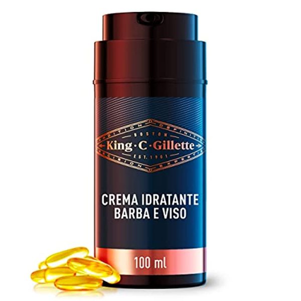 King C. Gillette Crema Idratante Viso Uomo e Barba, con Vitamina B, Idrata e Ammorbidisce I peli più spessi, Idea Regalo Uomo Kit Professionale, 1 Confezione da 100 ml