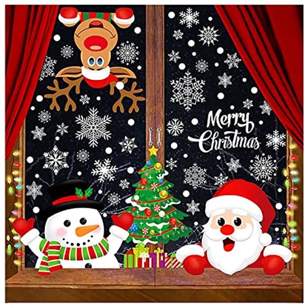 Natale Adesivi Vetrofanie Alce Babbo Natale Albero di Natale Grande Pupazzo di Neve Fiocco di Neve Decorazioni per Vetrine Finestra Rimovibile Murali Fai da Te Sticke Statico Natale，21 * 29.5 cm