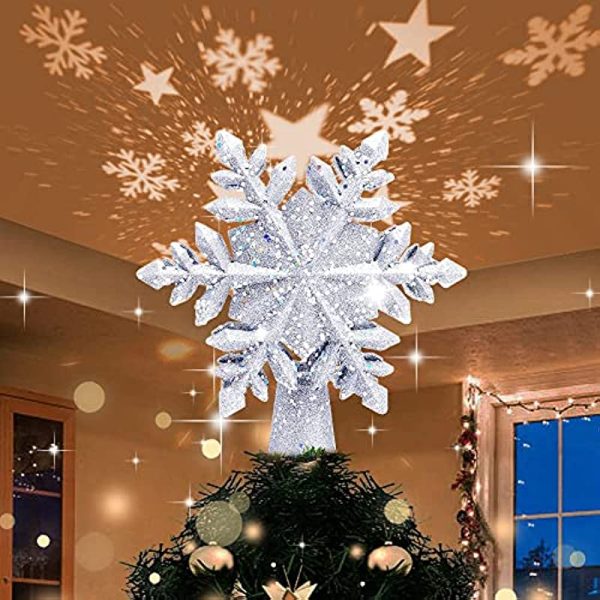 Puntale per Albero di Natale, Albero di Natale del Fiocco di Neve con Effetto di Proiezione di Luce Dinamica del Fiocco di Neve, Topper per Albero di Natale