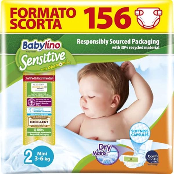 Babylino Sensitive Pannolini Neonato Taglia 2, Mini (3-6Kg), 156 Unità